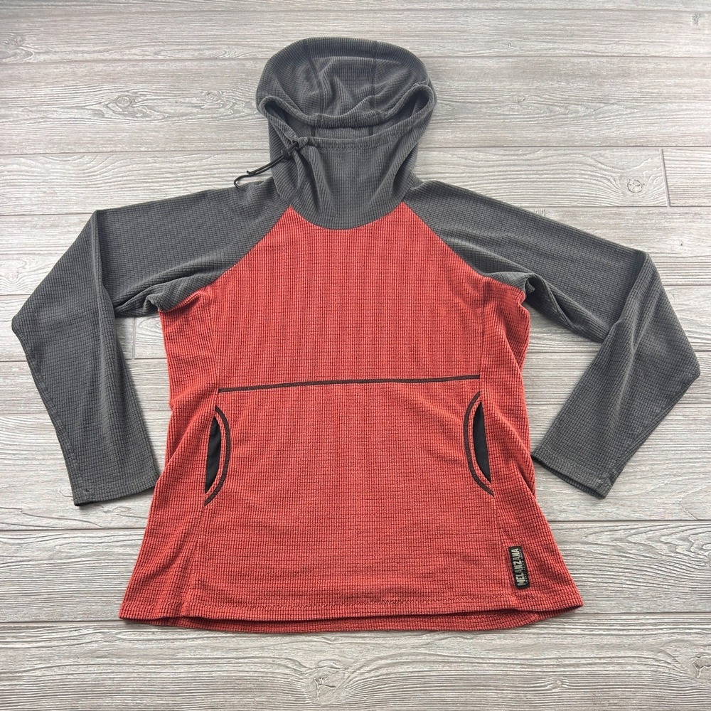 Melanzana Micro Grid Hoodie Womens L Red Charcoal Grey Fleece Pullover Leadville
